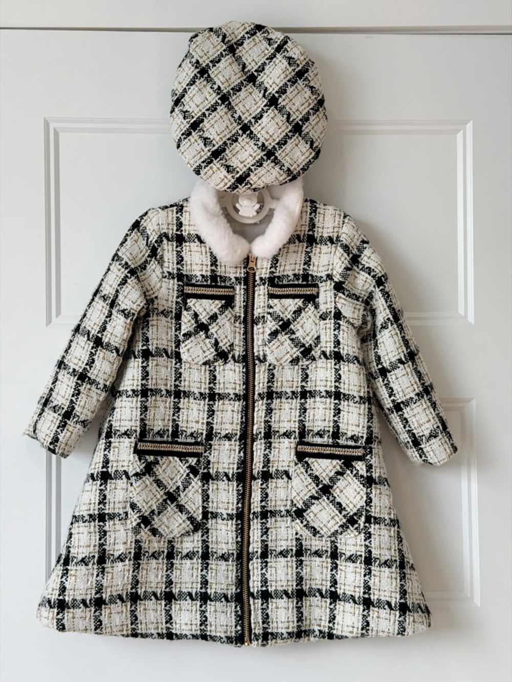 Bluebella Black and White Tweed Pea Coat with Faux Fur Collar
